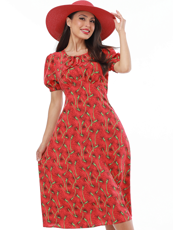 Красное платье с рукавом фонарик
