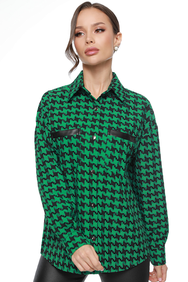 Рубашка зеленая с принтом гусиная лапка