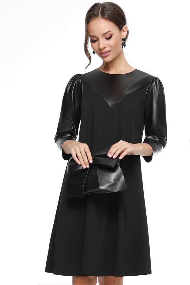 Платье черное с рукавами и кокеткой из экокожи 